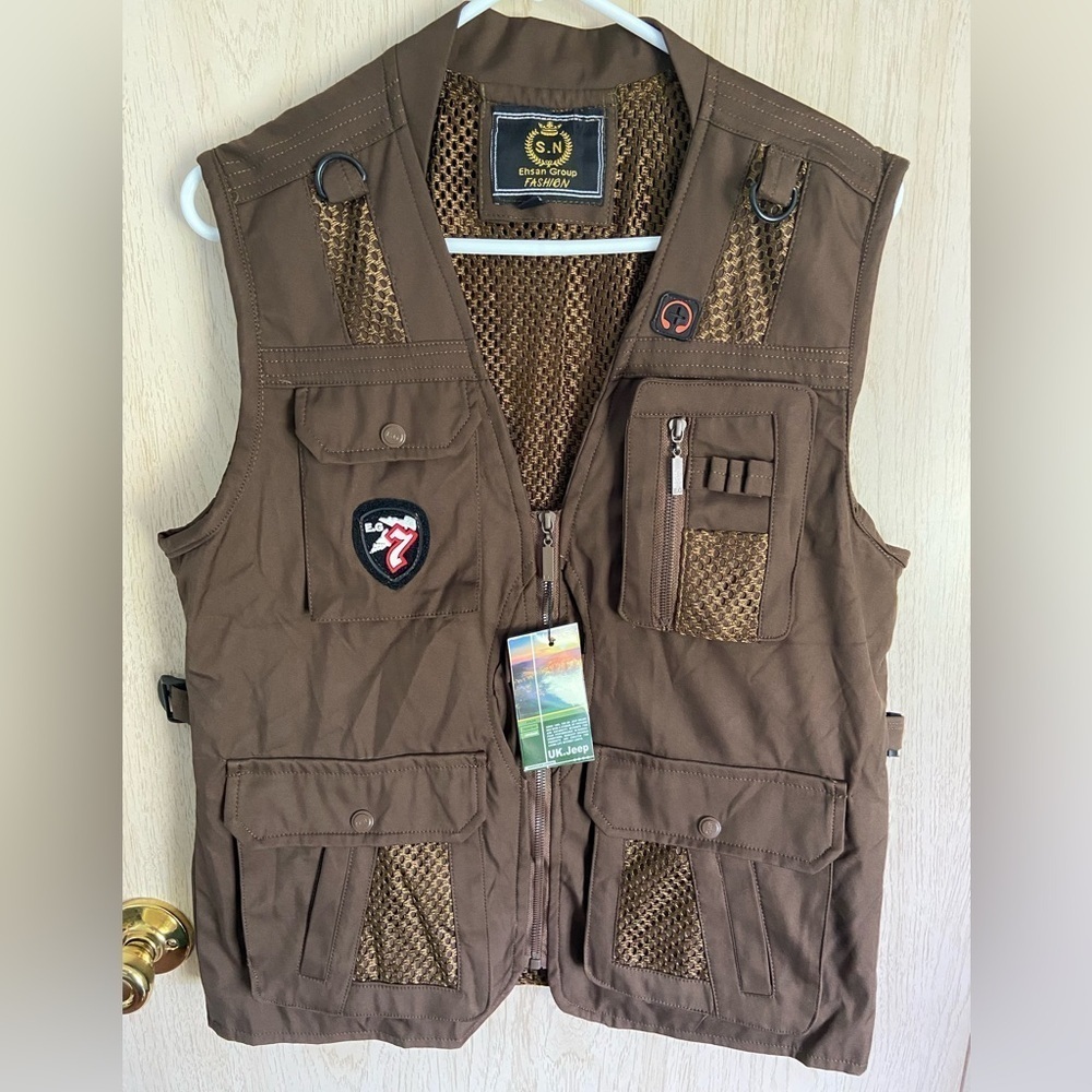 🖤 Men Brown Fishing Vest Multi Pocket Hunter Fisherman Jeep 3X (L) SN Fashion